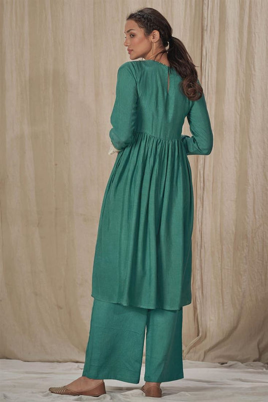 Exclusive Teal Color Muslin Silk Fabric Readymade Palazzo Kurta Set