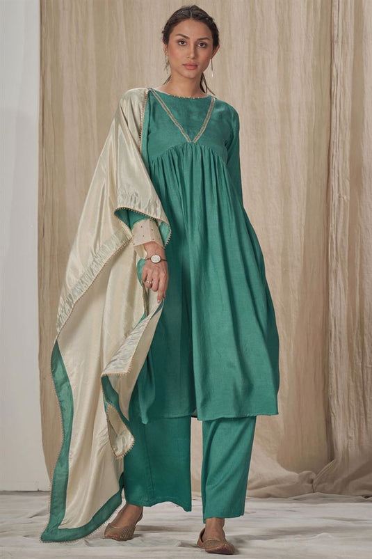 Exclusive Teal Color Muslin Silk Fabric Readymade Palazzo Kurta Set