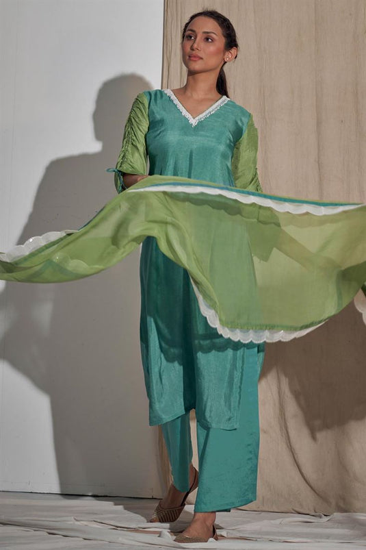 Exclusive Muslin Silk Fabric Readymade Palazzo Kurta Set In Teal Color