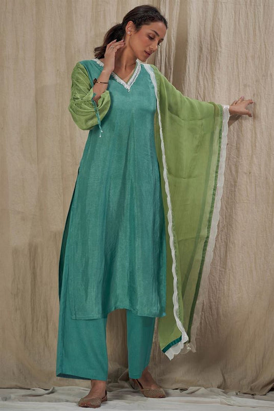 Exclusive Muslin Silk Fabric Readymade Palazzo Kurta Set In Teal Color