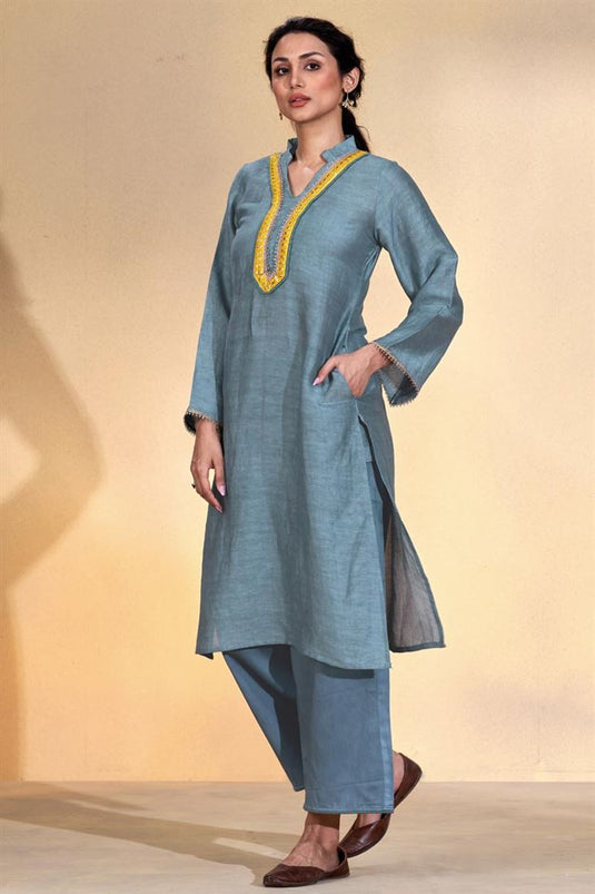 Exclusive Grey Color Viscose Linen Fabric Readymade Kurta Set