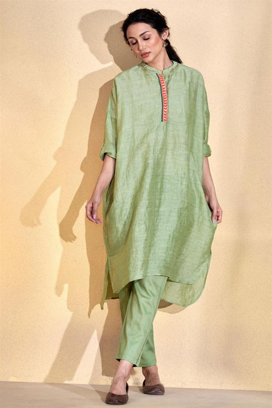 Exclusive Sea Green Color Viscose Linen Fabric Readymade Kurta Set