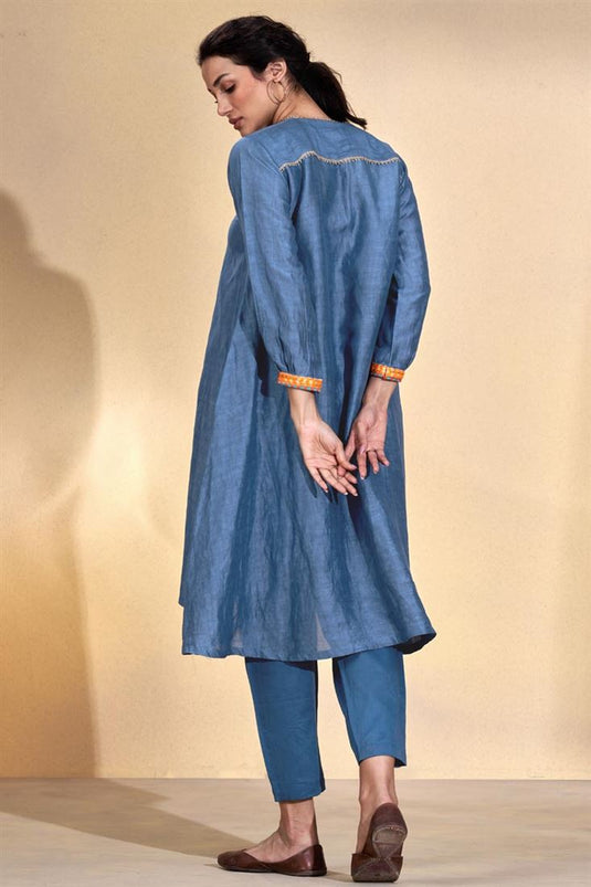 Exclusive Blue Color Viscose Linen Fabric Readymade Kurta Set