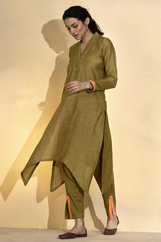 Exclusive Brown Color Viscose Linen Fabric Readymade Kurta Set