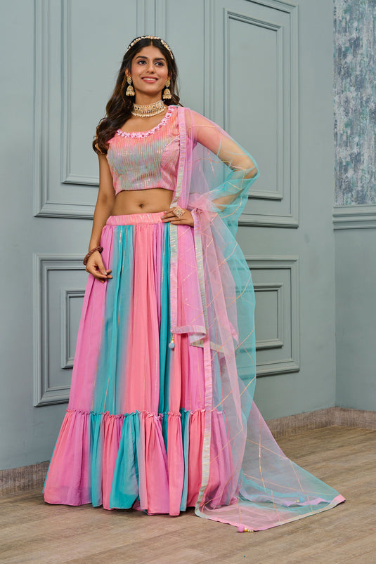 Entrancing Georgette Fabric Readymade Lehenga In Multi Color With Sequins Work