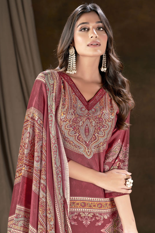 Mesmeric Maroon Color Digital Printed Work On Salwar Suit In Muslin Fabric