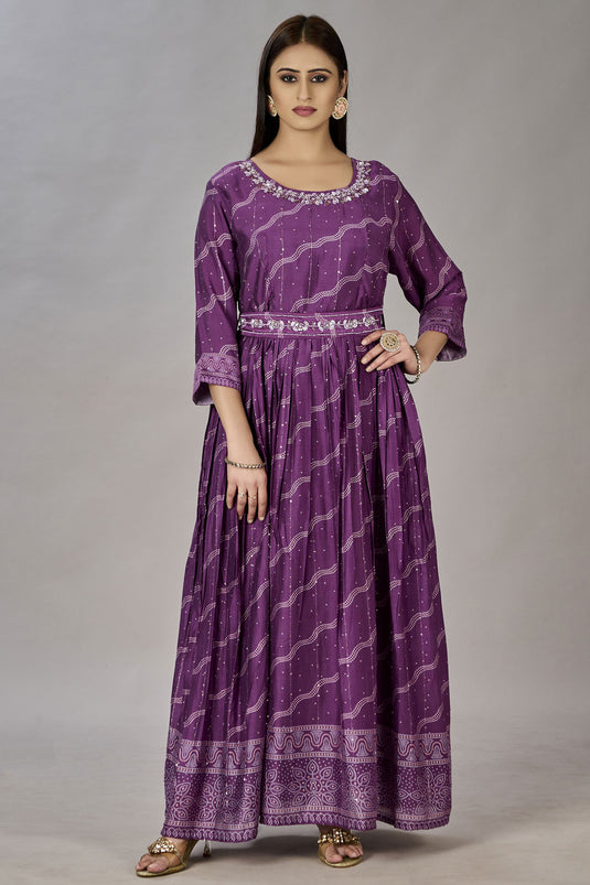 Stylish Embroidered Art silk Fabric Purple Color Readymade Gown For Party