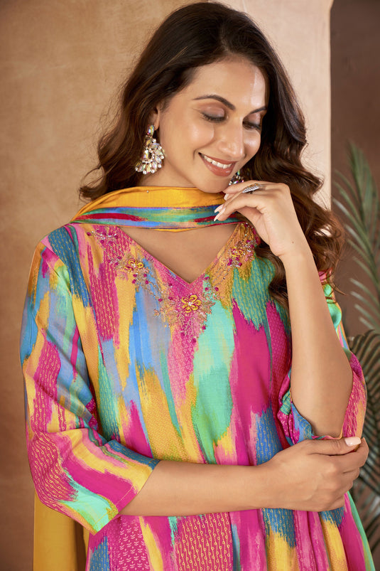 Muslin Fabric Yellow Color Beatific Hand Work Readymade Salwar Suit