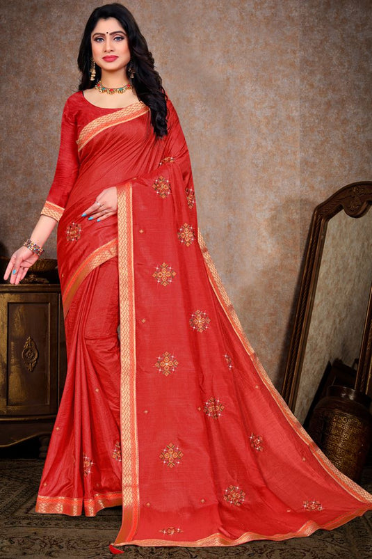 Festive Wear Red Color Border Work Art Silk Glorious Saree