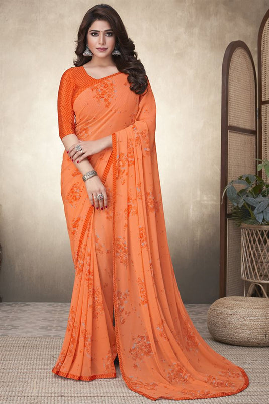 Floral Printed Work Casual Wear Georgette Fabric Saree In Orange Color