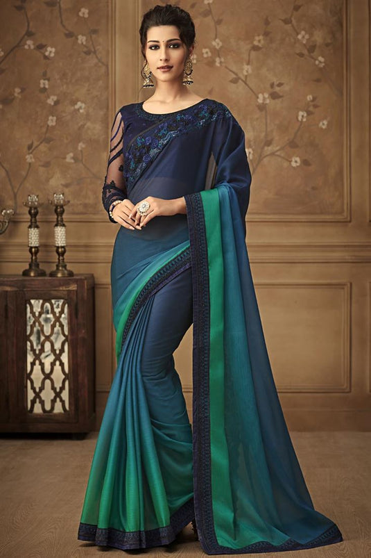 Dazzling Art Silk Fabric Embroidered Navy Blue Sangeet Wear Saree