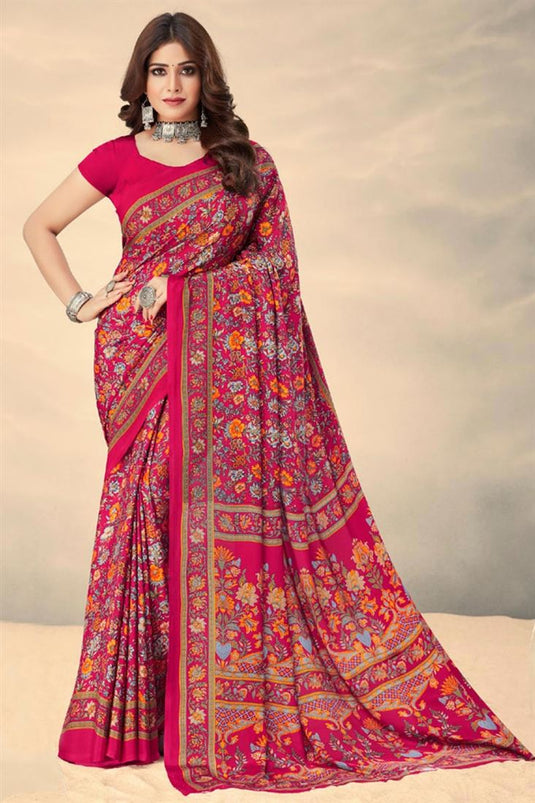 Crepe Silk Fabric Daily Wear Printed Uniform Saree In Pink Color
