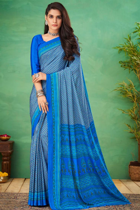 Sky Blue Color Classic Printed Uniform Saree In Crepe Silk Fabric