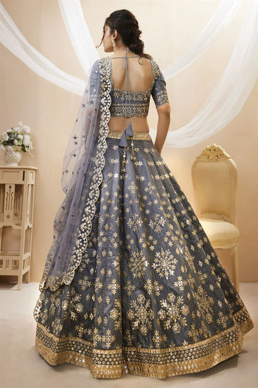 Embellished Embroidered Work On Grey Color Art Silk Fabric Lehenga Choli