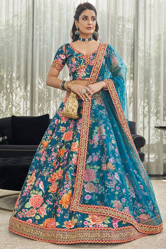 Art Silk Fabric Teal Color Vintage Digital Printed Lehenga Choli