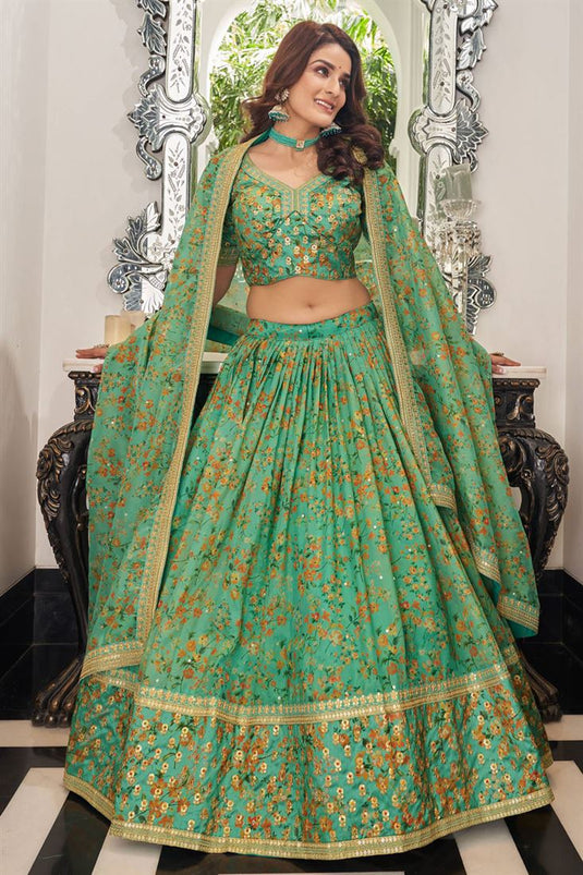 Sea Green Color Organza Fabric Sangeet Wear Luminous Lehenga