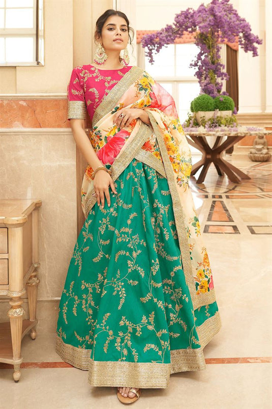 Art Silk Fabric Sangeet Wear Vivacious Lehenga In Green Color