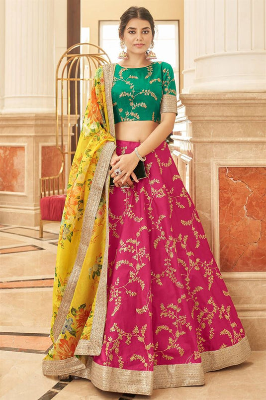 Art Silk Fabric Sangeet Wear Mesmeric Lehenga In Rani Color