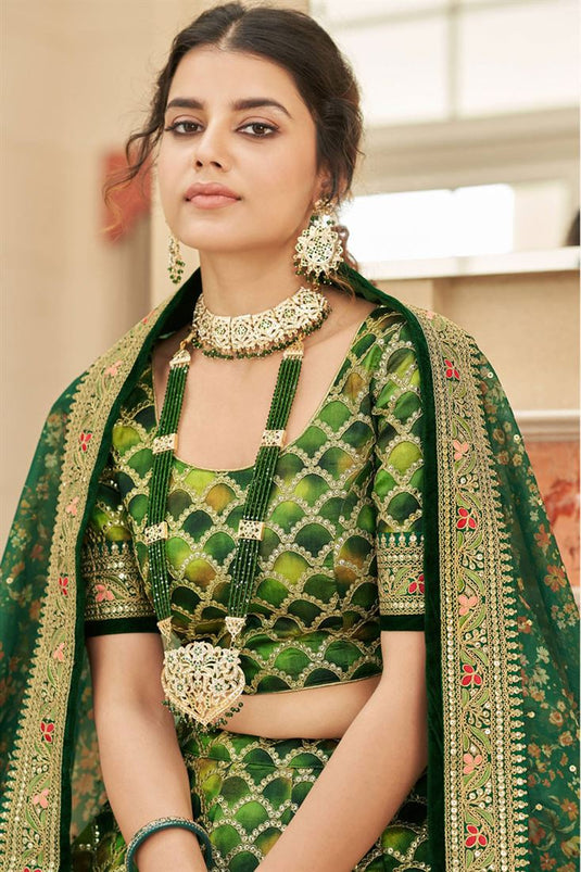 Art Silk Sangeet Wear Vintage Lehenga In Green Color