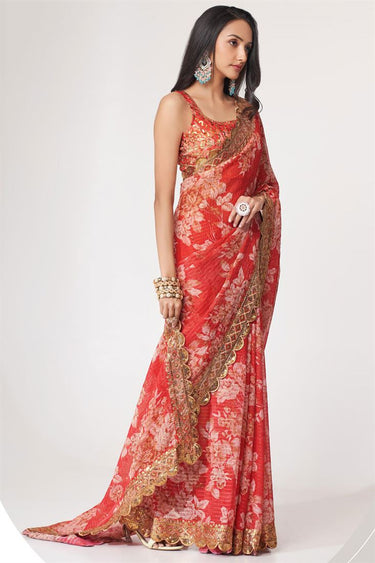 Red Color Beatific Digital Printed Organza Saree