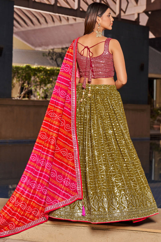 Georgette Fabric Olive Color Delicate Lehenga With Sequins Work