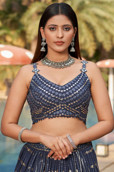 Amazing Sequins Work On Grey Color Georgette Fabric Lehenga