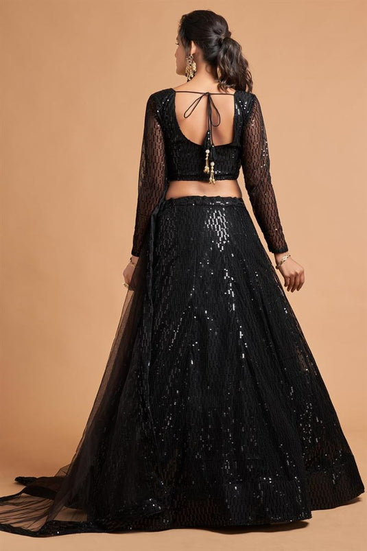 Net Fabric Black Color Sangeet Wear Royal Lehenga With Embroidered Work