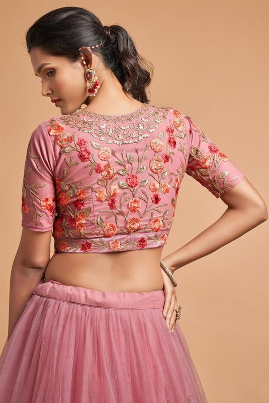 Pink Color Net Fabric Trendy Textured Embroidered Lehenga In Sangeet Wear