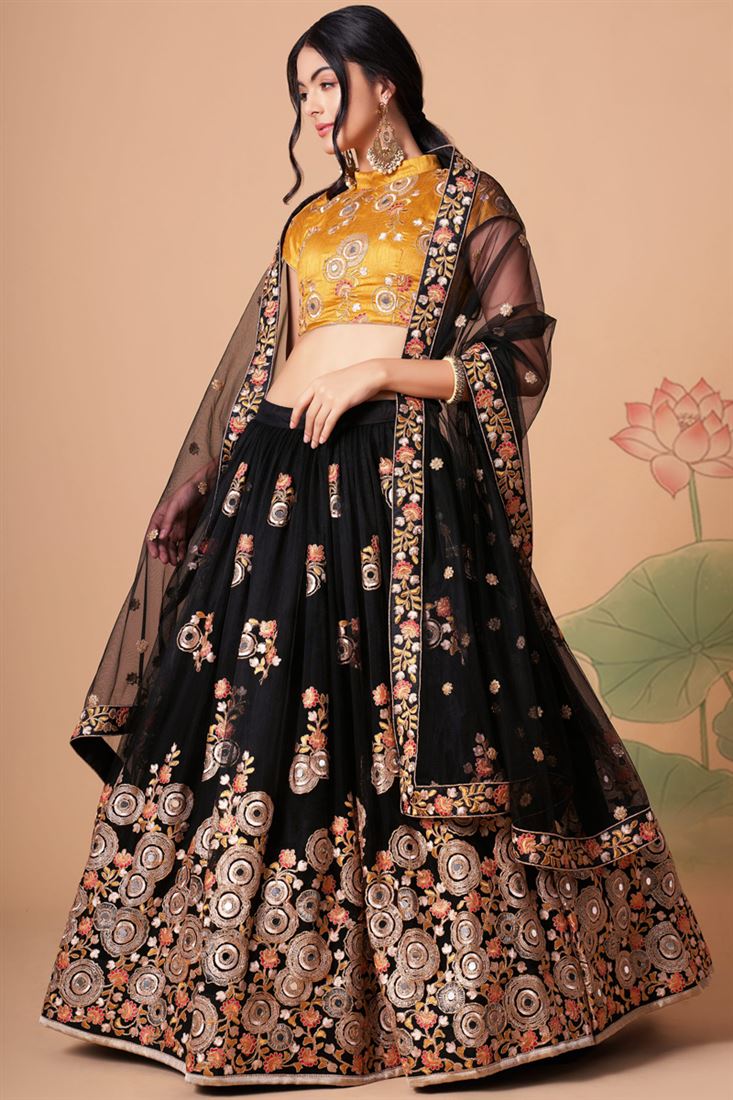 Black Floral Printed Semi-Stitched Lehenga Choli with Sequence embroidery  Work With Dupatta - ShopGarb - 4148898