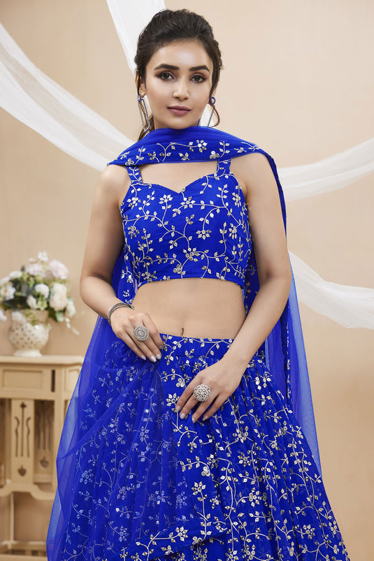 Embroidered Blue Color Designer Lehenga Choli In Georgette Fabric