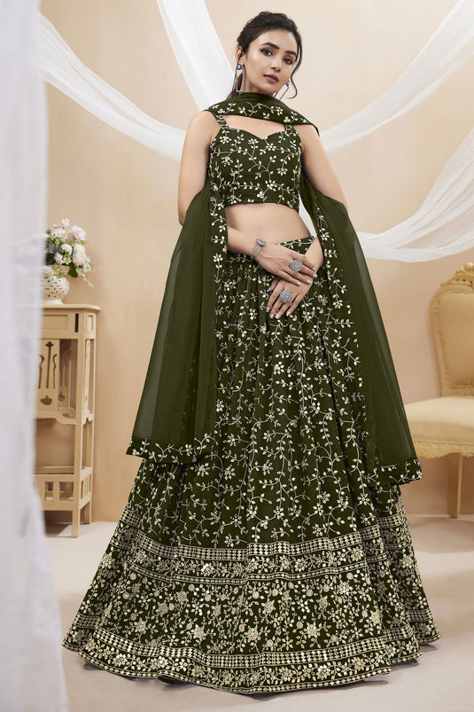 Georgette Fabric Sangeet Wear Embroidered 3 Piece Lehenga Choli In Dark Green Color