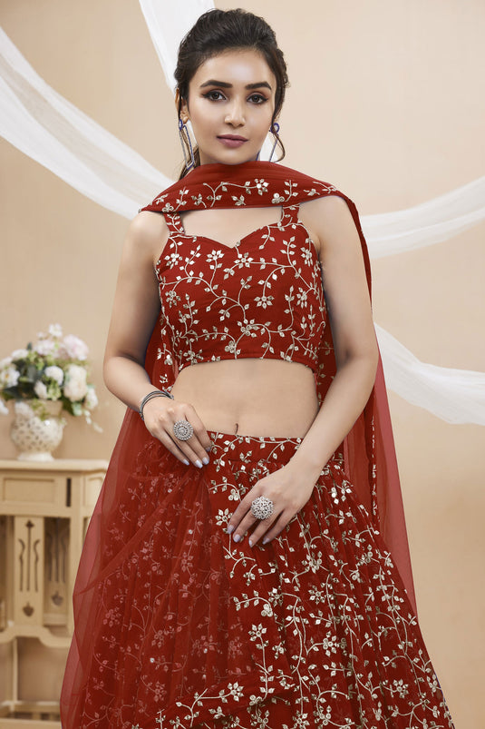 Georgette Fabric Red Color Sangeet Wear Embroidered 3 Piece Lehenga Choli