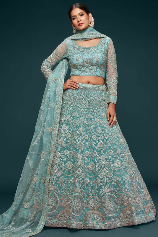 Cyan Color Embroidered Work On Net Fabric Beatific Lehenga