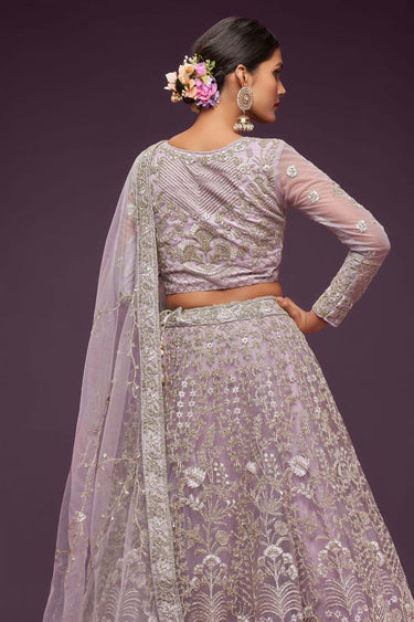Embellished Embroidered Work On Lavender Color Net Fabric Lehenga