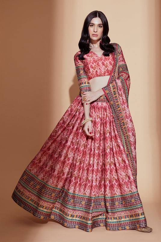 Digital Print Peach Chinon Fabric Sangeet Wear Lehenga Choli