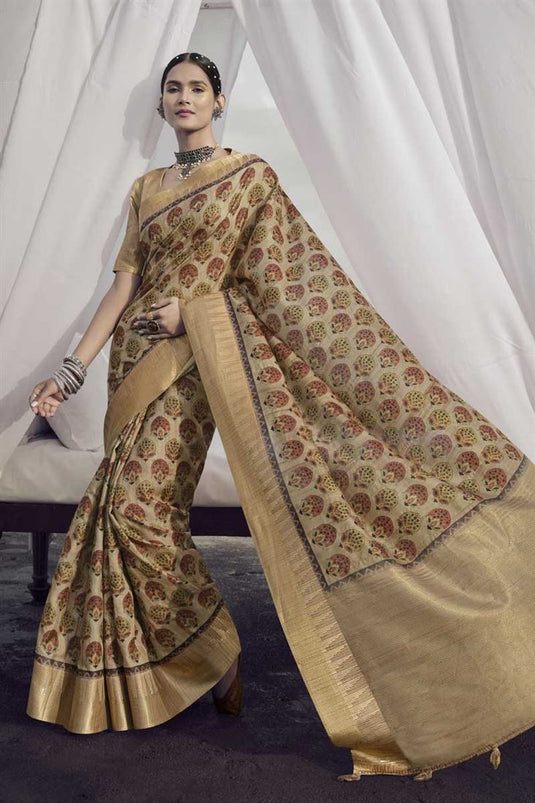 Art Silk Fabric Festive Look Stylish Printed Saree In Cream Color