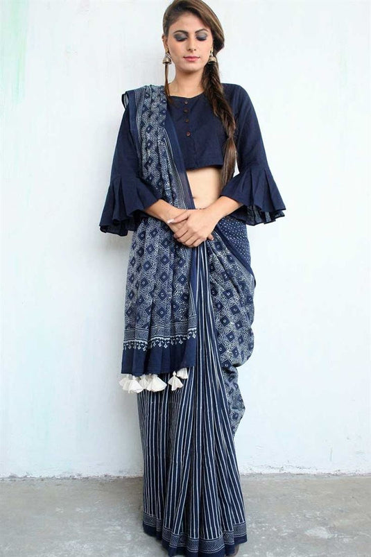 Cotton Fabric Blue Color Supreme Jaipuri Saree