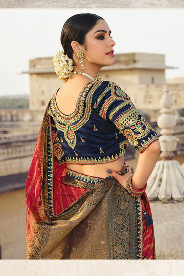 Stunning Hot Maroon Banarasi Silk Saree With Designer Blouse