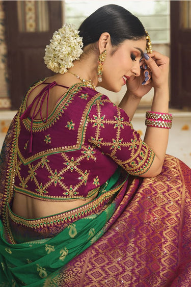 Alluring Emerald Green Banarasi Silk Saree With Designer Blouse