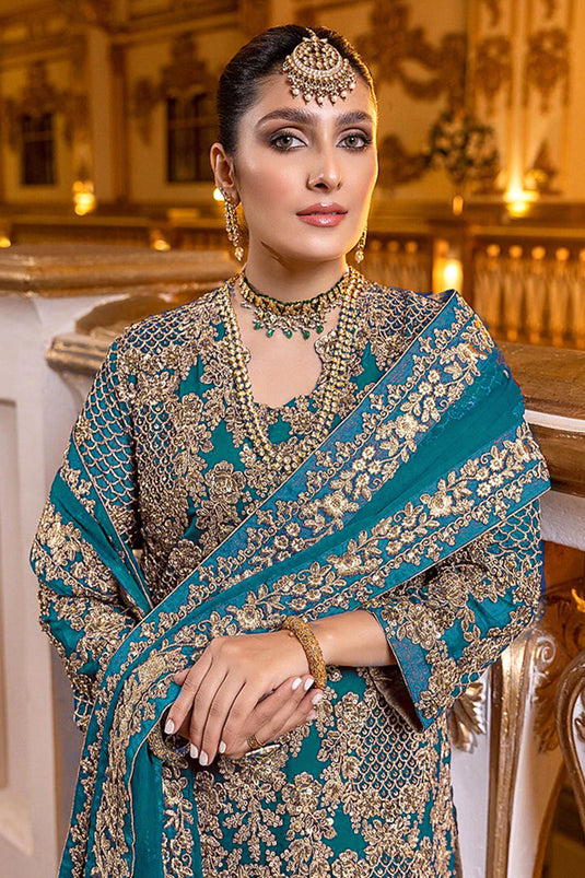 Engaging Cyan Color Georgette Fabric Function Wear Pakistani Replica Suit