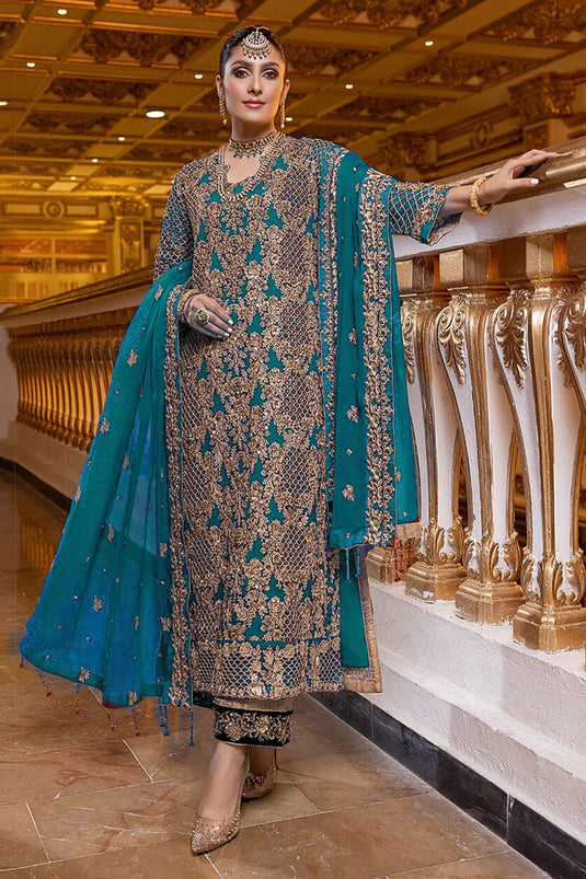 Engaging Cyan Color Georgette Fabric Function Wear Pakistani Replica Suit