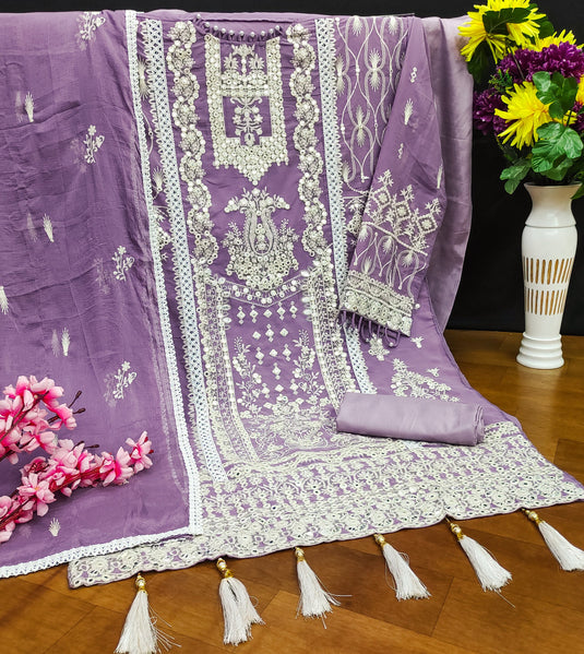 Tempting Georgette Fabric Lavender Color Embroidered Pakistani Replica Suit