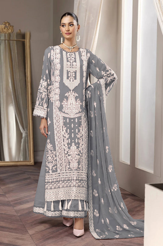 Georgette Fabric Dark Grey Color Embroidered Winsome Pakistani Replica Suit