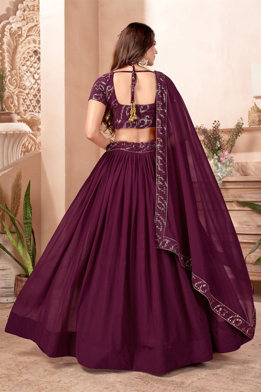 Georgette Wedding Wear Chaniya Choli In Purple With Sequins Work And Designer Blouse