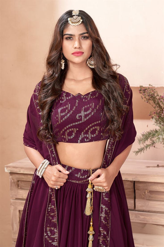 Georgette Wedding Wear Chaniya Choli In Purple With Sequins Work And Designer Blouse