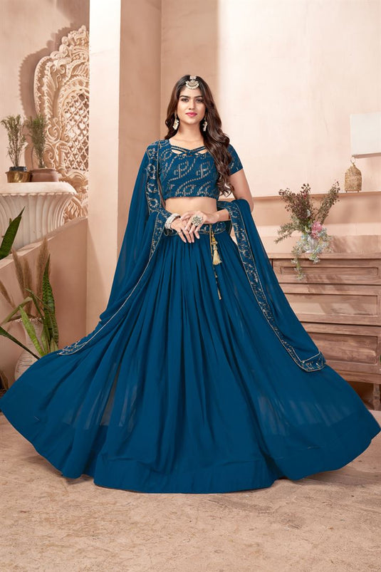 Blue Georgette Reception Wear 3 Piece Lehenga With Sequins Work And Embellished Blouse