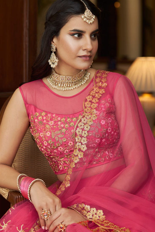 Pink Color Net Fabric Sangeet Function Awesome Lehenga