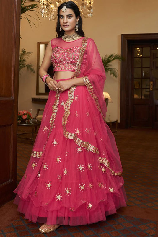 Pink Color Net Fabric Sangeet Function Awesome Lehenga