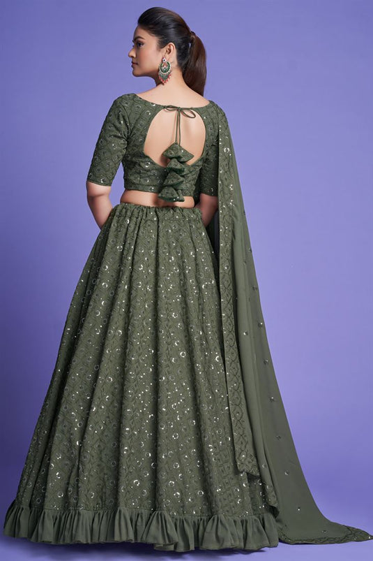 Trendy Mehendi Green Color Georgette Lehenga With Sequins Work