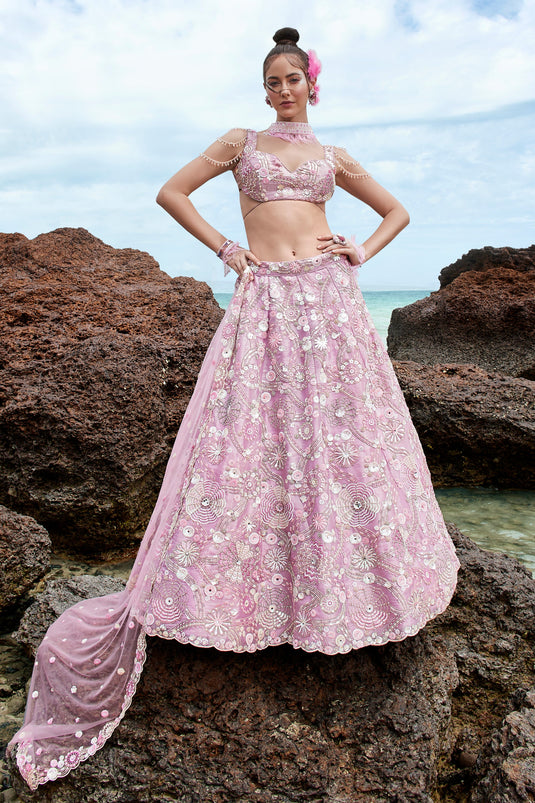 Lavender Color Organza Fabric Sequins Embroidery Lehenga Choli